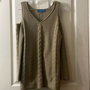 Tan Cold Shoulder Fall Long Sleeve Cable Knit Sweater Size Large